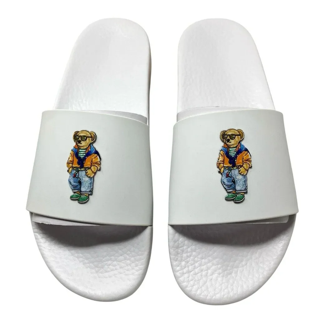 Polo Ralph‎ Lauren Slides Mens 12 White Polo Bear Sandals Preppy Summer Pool